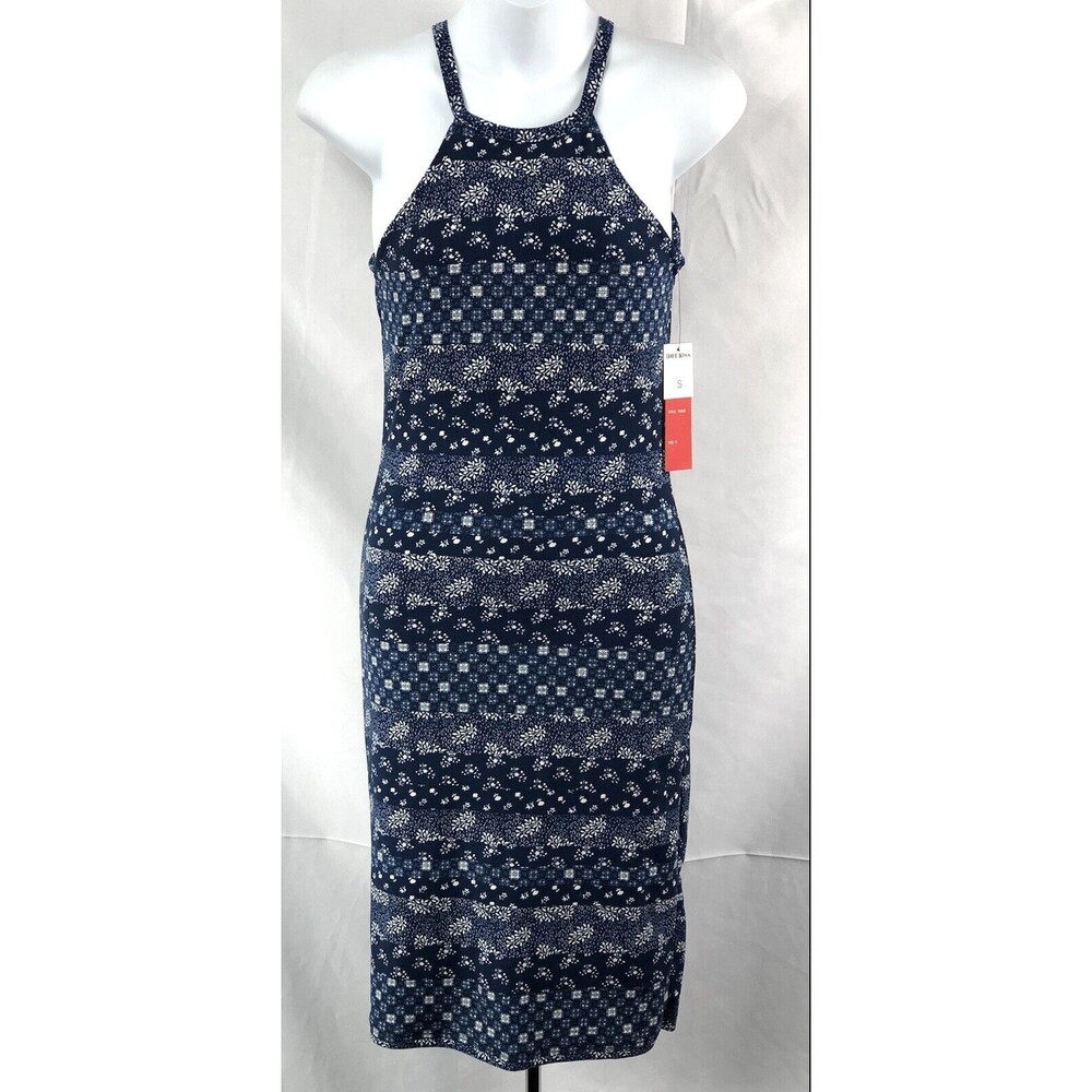 NWT Hot Kiss Tank Halter Dress S Blue Geo Sleeveless Sheath Hippie Boho Beach